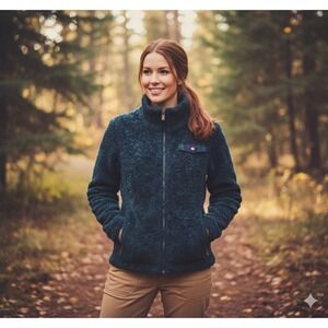 Pendleton Womens Fuzzy Zip Jacket Blue Teddy Fleece Plaid Accent Outdoor Small